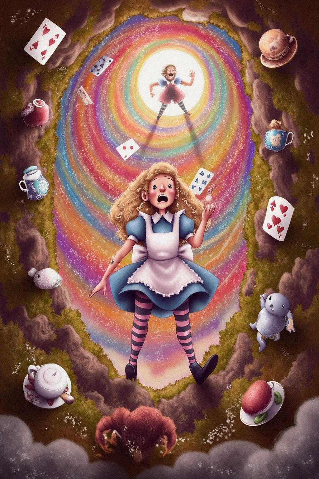 illustration.
Overhead view of Alice in Wonderland falling into the rabbit hole, with her legs dangling beneath her. She is looking upward, her face filled with shock and terror as she screams. Her blue dress and white apron billow out around her as she tumbles, while her striped stockings and black shoes are visible below. The rabbit hole is a swirling, chaotic mix of vibrant colors, playing cards, teacups, and other Wonderland objects floating around her. Soft glowing light emanates from the tunnel walls, adding an eerie, fantastical feel to the scene. The sense of motion and fear is palpable as Alice falls deeper into the unknown.  <lora:alicesa1_cap_d6a3:1.0><lora:830715021144245806:0>