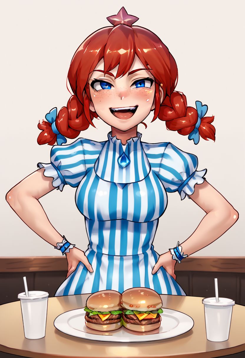 1girl, solo, upper body, vertical striped dress, red hair, freckles, blue eyes, pigtails, wrist cuffs, smug laugh, mouth open, ojou-sama pose, restaurant, burger, table, hand on hip, contrapposto, Wendy \(Wendy's\)