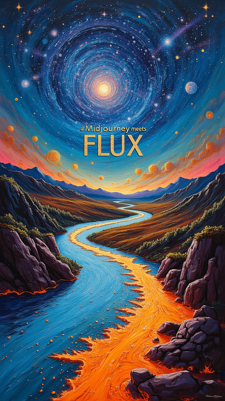 A surreal landscape where a flowing river of molten code intersects with a swirling galaxy of oil paint, creating a fusion of digital and traditional artistry. The sky is alive with binary stars, and hovering in the air, the text: "Midjourney meets FLUX" appears as if etched into glass, refracting rainbow colors.    , aidmamj6.1