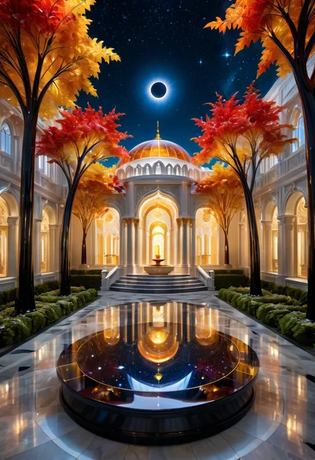 fantasy courtyard, glowing murano_glass_style solar eclipse, celestial event, golden radiant light, mystical atmosphere, red-leaved trees, golden tree trunks, ornate pedestals, cosmic architecture, night sky with stars, marble floor with golden patterns, magical sacred space, fantasy environment, surreal lighting, enchanted realm, stylized realism, expressive brushwork, cinematic urban scenes, intricate linework, impressionistic cityscapes, Art Deco influence, painterly textures, dynamic lighting, bold color palette, architectural focus, narrative illustration, motion and atmosphere, dramatic perspective, elegant composition, visual storytelling, modern impressionism, graphic detail, luminous streetscapes, iconic silhouettes, layered realism