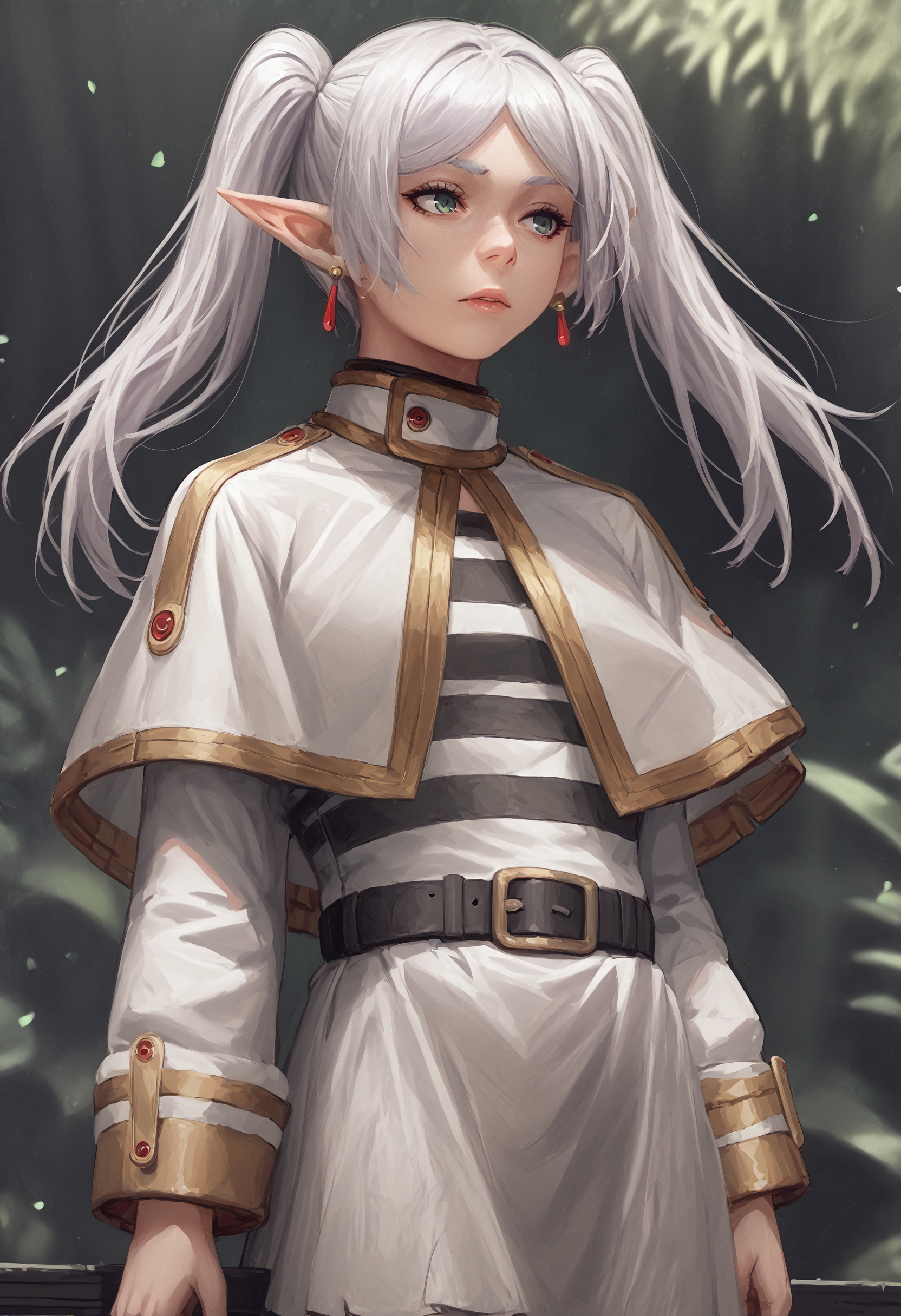 score_9, score_8_up, score_7_up, 1girl
<lora:guweiz_style_pony:1>
BREAK
score_9_up score_8_up score_7_up, nereirfpnxl, frieren, pointy ears, twintails, earrings, elf, parted bangs, white hair, white capelet, capelet, long sleeves, white skirt, belt, striped shirt
<lora:others_frieren_nereirfpnxl_pony_v2:1>
