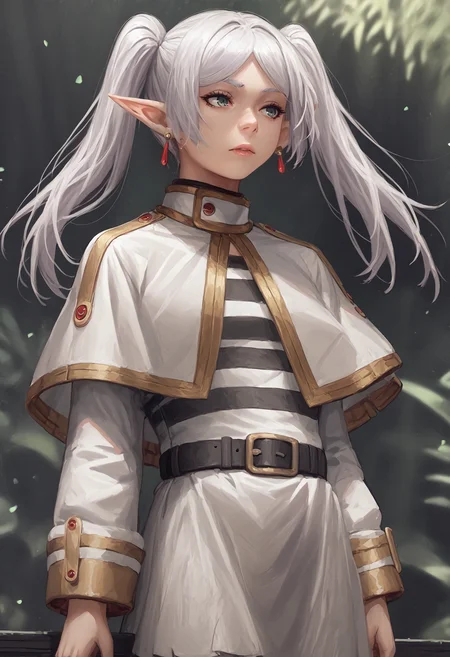 score_9, score_8_up, score_7_up, 1girl
<lora:guweiz_style_pony:1>
BREAK
score_9_up score_8_up score_7_up, nereirfpnxl, frieren, pointy ears, twintails, earrings, elf, parted bangs, white hair, white capelet, capelet, long sleeves, white skirt, belt, striped shirt
<lora:others_frieren_nereirfpnxl_pony_v2:1>