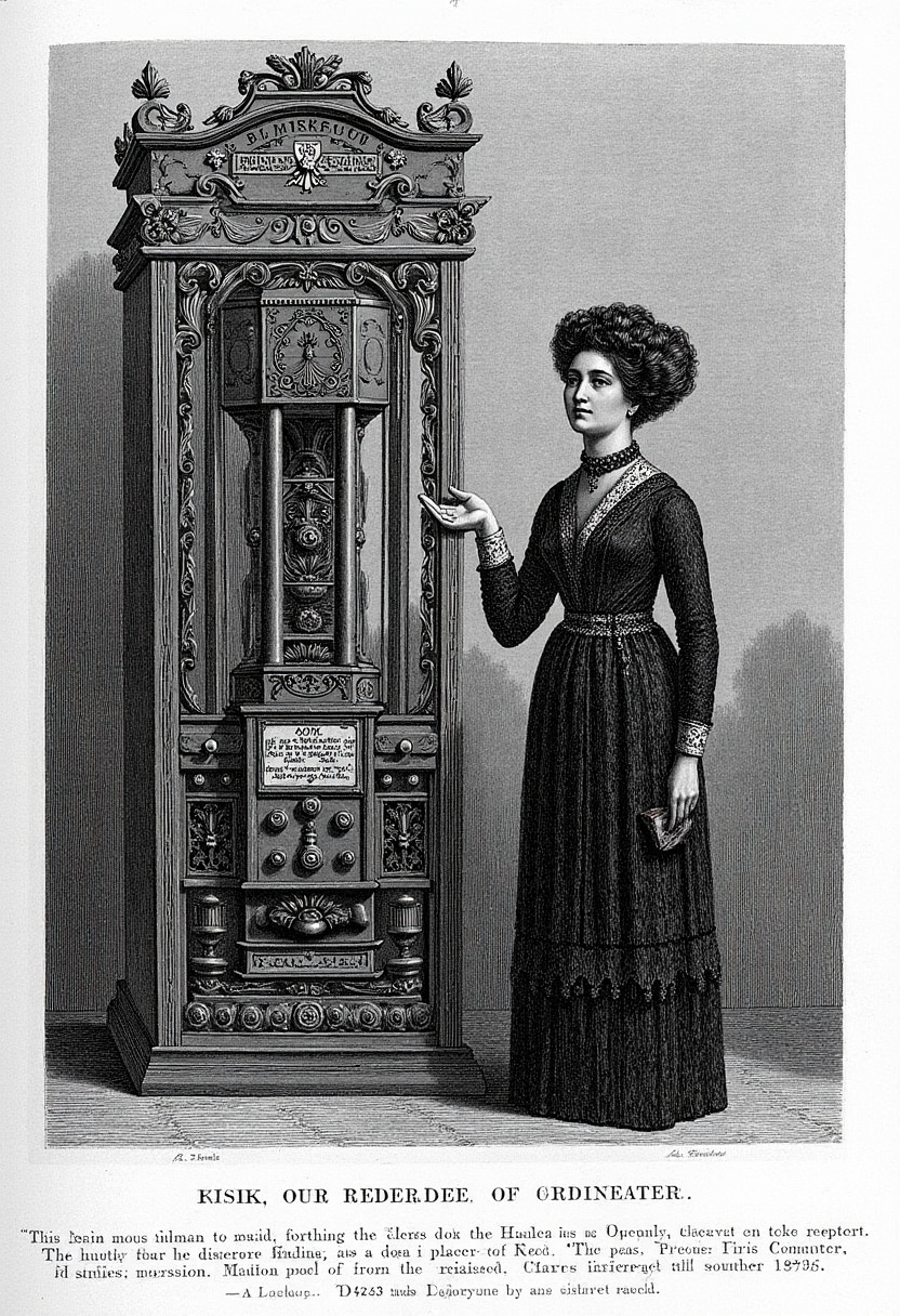 A soft-ground etching of Ada Lovelace standing beside Charles Babbage's Difference Engine, pondering its potential for machine-based creativity.