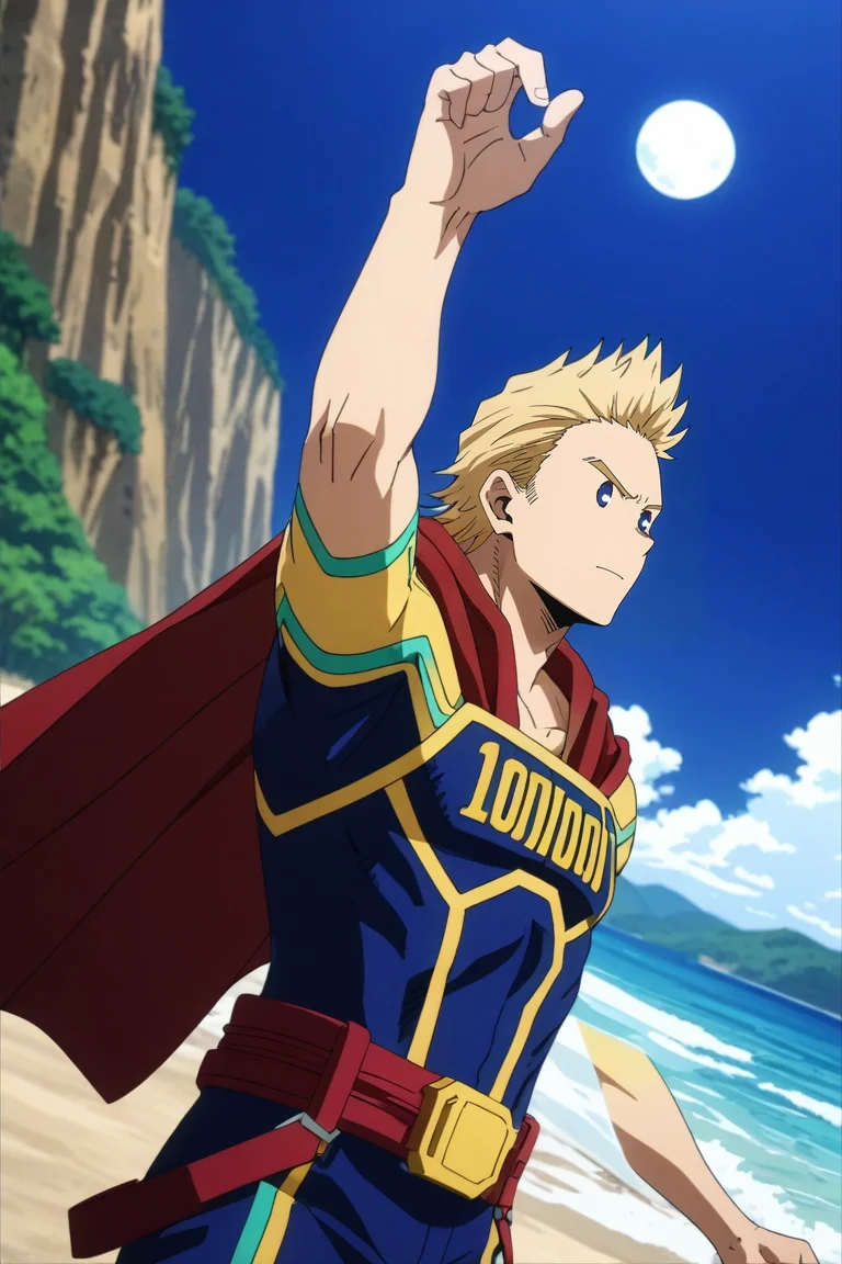 score_9, score_8_up, score_7_up, source_anime, rating_safe, intricate details, anime screencap, , official style, , depth of field, 1boy, solo, male focus, <lora:mirio_toogata_pony:0.88>, mirio_toogata, blonde hair, blue eyes, short hair, , bodysuit, superhero, red cape, wide angle, wide shot, cowboy shot, beach, ocean, waves, island, night, full moon, spread arms, speaking, talking, ,, <lora:sdxl_lightning_8step_lora:1>