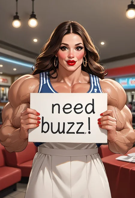 (Score_9, score_8, score_7_up, (((High Resolution, Best Quality)))), solo, Zoroj,
Carol Denvers, (cleavage bodycon dress), (Long brown hair,), happy, brown eyes, Blush, red lipstick, Latina, caramel skin, perfectly round breasts, restaurant, Natural light on her skin, Soft juicy lips, Beautiful face, Gorgeous lights on her skin, Depth_of_field, (((athlete))), beefy, masculine, manly body, swole forearms, muscular thighs, ((muscular arms)), swole legs, skinny face, huge nipples, swole biceps, erect nipples, (((female face))), ((((big masculine hands)))) (muscular upper body:1.2,), ftm, Expressiveh, large, (((human head))) ((upper body focus)) red nail polish, (((need_buzz, holding sign)))