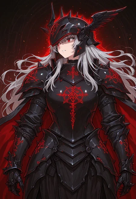 (masterpiece), (best quality), (ultra-detailed), amazing quality, very aesthetic, illustration, newest, upper body, colorful, vibrant, looking to the side, (oil painting:1.1), cinematic lighting, <lora:Avarice:1>, edgeofavarice, avarice, glowing silver runes, dark fantasy,
1girl, solo, cape, angelic_emblem_on_cape long sleeves, faulds, horned helmet, full_helmet, black and red armor, spiked armor, spiked gauntlets, spiked helmet, full_armor, full_plate_armor, winged_helmet, gold_armor, winged_shoulders, clawed_gauntlets, holy_emblem, segmented_faulds, tattered_cape, aura_of_hope, inspiring_presence, holy_glow, massive_blade, battlefield_setting, heavy_armor, silver hair