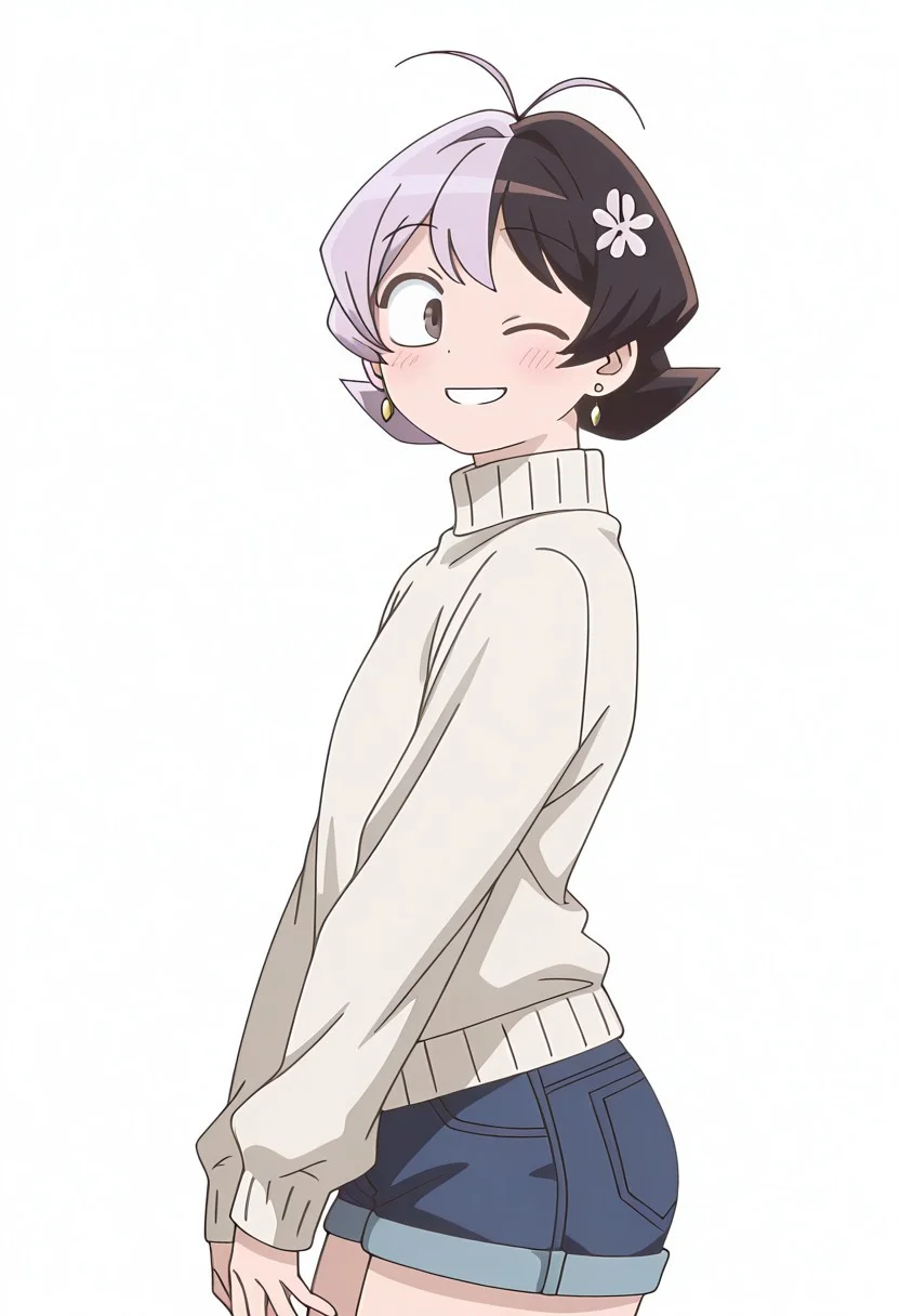 Smooth Quality,masterpiece,very intricate, high quality details, ultra realistic, high detailed skin,detailed enviorement,absurdres,
\m/ ,<lora:Tadano_Hitohito_cnn:0.8>tadanomaidcnn,tall,1boy,solo,earrings,potara earrings,blush,smile,wink,androgynus,hair flower,short hair,two-tone hair,light purple hair,split-color hair,black hair,dark brown eyes,antenna hair,wide hips,brown eyes, parted lips, simple background, white background, from side,solo,, turtleneck sweater,denim shorts, ,
