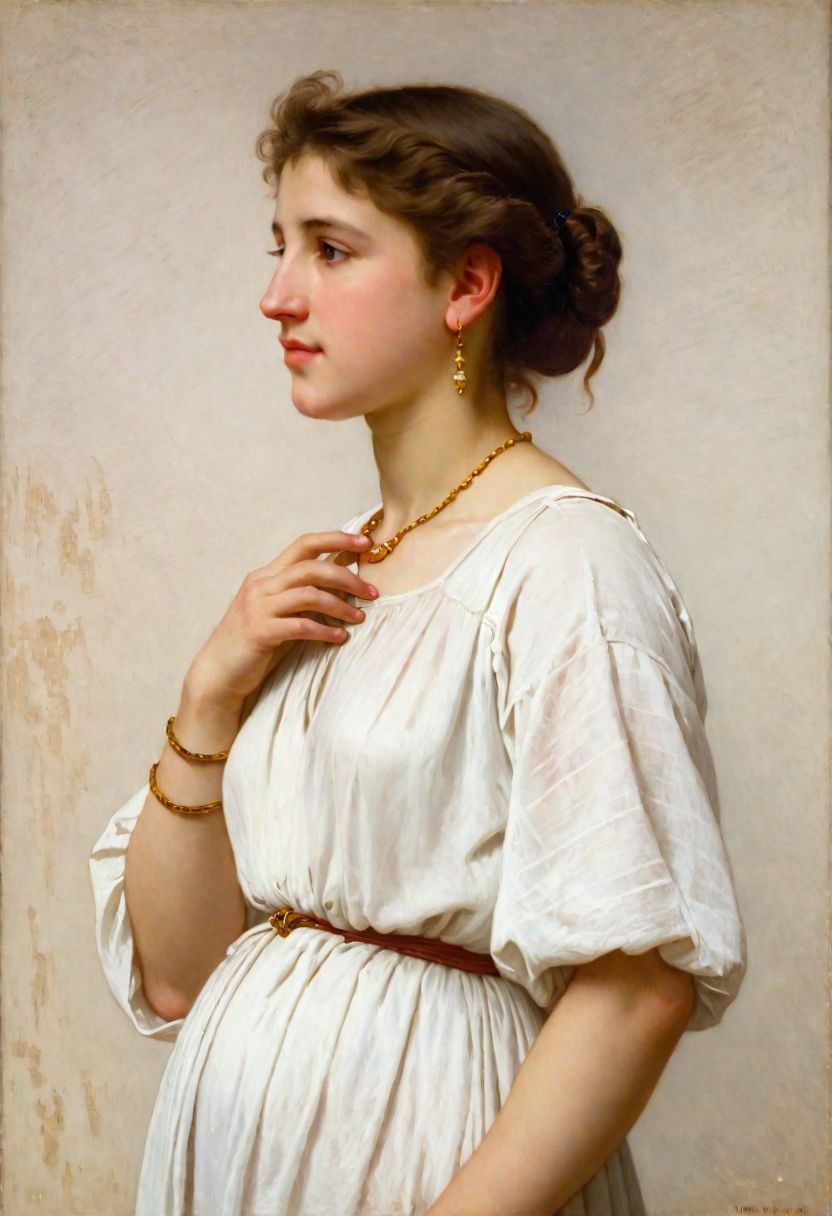 an oil painting portrait of a woman standing by WllBgr, side view, simple background, brown hair, earrings, necklace, upper body, ring, white dress, william bouguereau, <lora:bouguereau_XL_resize:0.66>
=