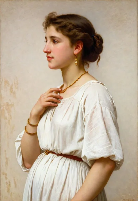 an oil painting portrait of a woman standing by WllBgr, side view, simple background, brown hair, earrings, necklace, upper body, ring, white dress, william bouguereau, <lora:bouguereau_XL_resize:0.66>
=