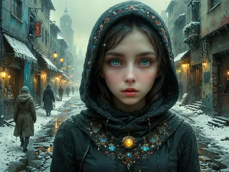 Professional photography. cinematic photo.

BREAK
A beautiful young woman.
BREAK
Pale eyes
BREAK
Wearing an intricately embroidered hood.
BREAK
Walking the streets of a modern city. Snow.

looking at viewer.

<lora:OMG-Is-DucHaiten_v1.0:1.0>
<lora:sdxl_lora_beksinski-000018:0.1> digital artwork by Beksinski 
<lora:The_Dark_Side_of_the_Earth:0.2>
<lora:DonMP4ste11F41ryT4l3XL-000008:0.4> DonMP4ste11F41ryT4l3XL 