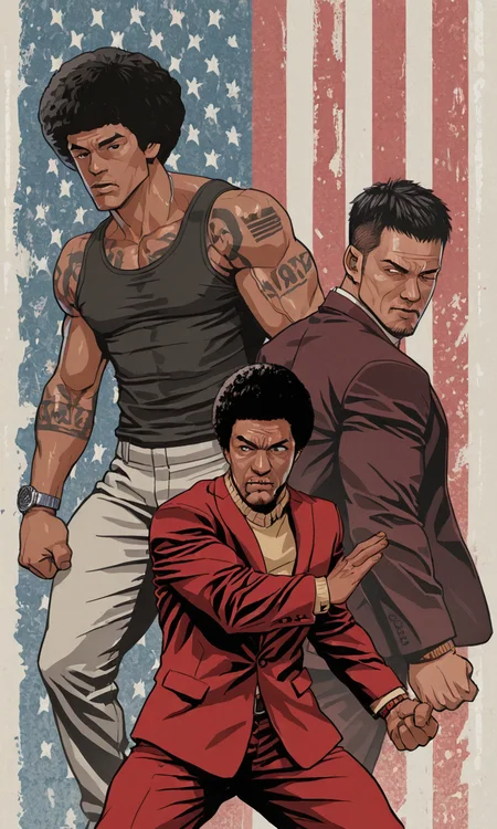 ksestyle, strong line art, dramatic shading, short hair, shirt, black hair, long sleeves, closed mouth, jacket, male focus, multiple boys, pants, dark skin, sweater, muscular, tattoo, muscular male, dark-skinned male, formal, tank top, suit, 3boys, clenched hand, red jacket, watch, fighting stance, arm tattoo, wristwatch, red pants, black tank top, american flag, afro, red suit, facial hair, barcode, masterpiece, best quality, high detail