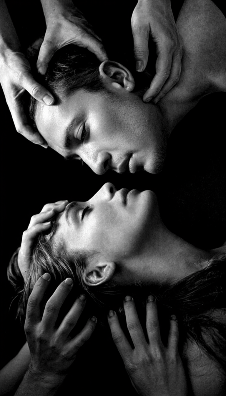 breathtaking cinematic photo cinematic film still a highly detailed black and white photograph that captures an intimate and surreal moment between two characters. The image is divided into two halves, each half representing the profile view of a different person. The upper half depicts a man with light skin and closed eyes, as if in a state of concentration or deep contemplation. His face is illuminated by a soft, warm light that highlights the contours of his features and the texture of his skin. Hands are gripping his head by the hair and shoulders.
The lower half of the image shows a woman with light skin and long hair. Her eyes are closed and her lips are slightly parted. There are hands gripping her hair and pulling it to prevent her face from reaching the man's face.
The background is dark and indistinct, focusing all the attention on the faces and hands. The photography is very realistic, with detailed textures and nuances that emphasize the emotional depth and intimacy of the scene with a complex play of shadows. The overall mood is serene and contemplative, evoking a feeling of deep connection and harmony. . shallow depth of field, vignette, highly detailed, high budget, bokeh, cinemascope, moody, epic, gorgeous, film grain, grainy . 35mm photograph, film, bokeh, professional, 4k, highly detailed . award-winning, professional, highly detailed