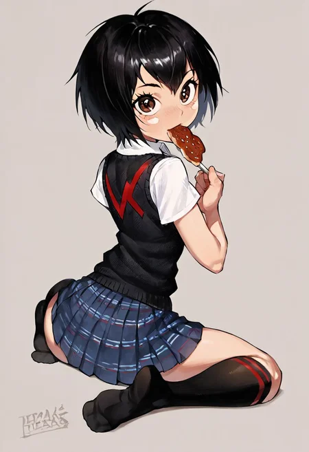 score_9_up, score_8_up, score_7_up, Score_6_up, Score_5_up, Score_4_up, source_anime, (masterpiece, perfectly detailed, detailed face, detailed eyes, beautiful eyes), (ultra HD quality details), 8K, extremely detailed, highres, Mevak_PS, peni parker, ass, black hair, black socks, brown eyes, eating, from behind, looking at viewer, looking back, lying, on stomach, pleated skirt, school uniform, short hair, simple background, skirt, socks, solo, sweater vest