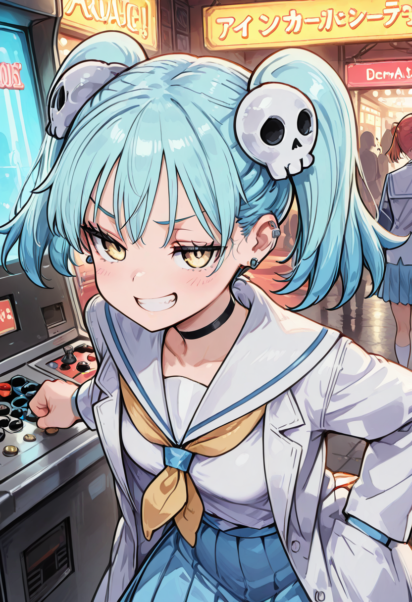 masterpiece, best quality, eyelashes, (beautiful eyes), 1girl, solo, smile, smug,  zzIzutsumi, yellow eyes, (tsurime), blue hair, short hair, twintails, short twintails, hair ornament, skull hair ornament, jewelry, earrings, choker, school uniform, serafuku, sailor collar, yellow neckerchief, blue skirt, pleated skirt, skirt,   arcade, neon lights, excited smile. Surrounded by the flashing neon of a crowded arcade, zzIzutsumi pumps her fist in victory. Her school uniform is immaculate, except for a few creases from her energetic movements. Her skull hair ornaments bounce with her twintails as she turns with a bright grin, her yellow eyes lit with thrill and triumph.  <lora:IzutsumiMarin_NinKoro_IXL_v1:1.0>,