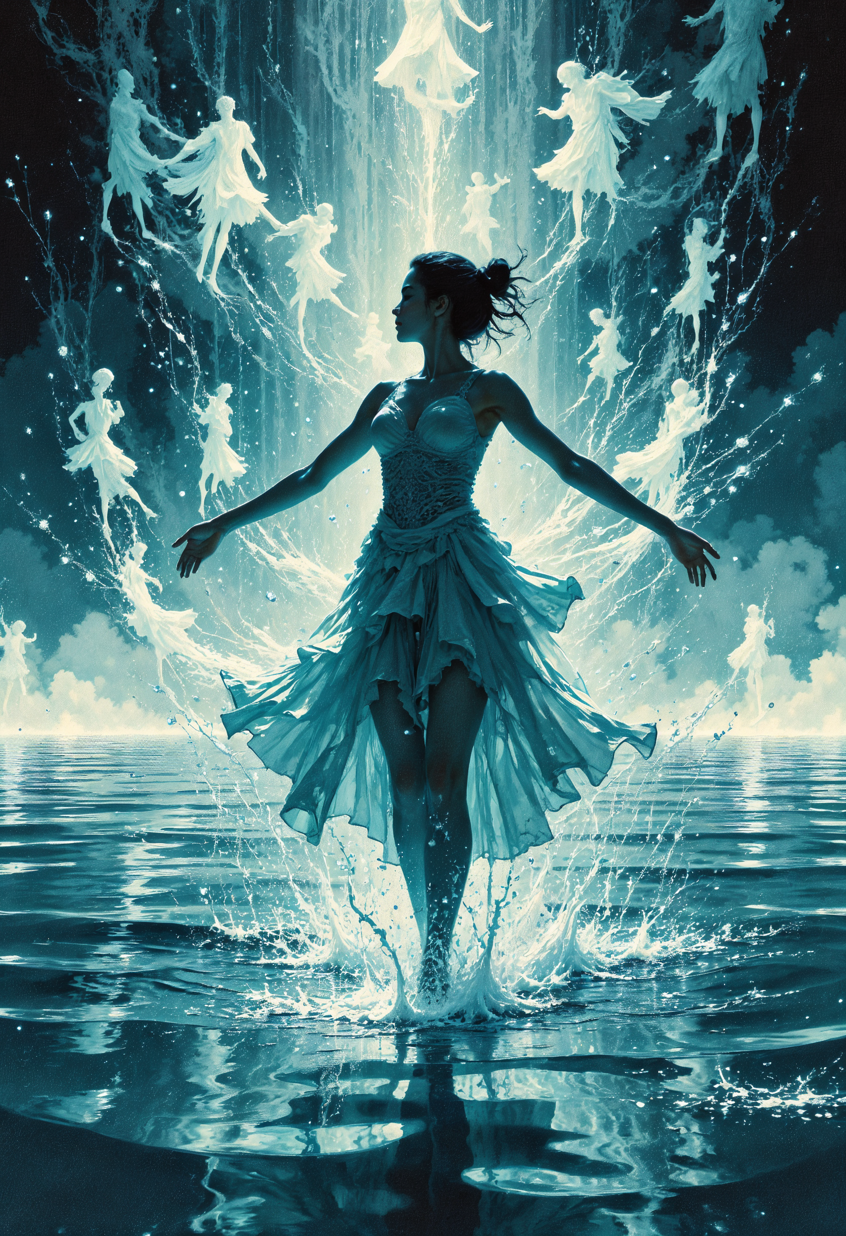 (in Otomo Katsuhiro style:1.2), masterpiece, high-quality, A dancer mid-performance on a stage of rippling water, each step sending waves through the reflective surface, The camera captures a dynamic low angle, her face illuminated with an expression of blissful surrender, Around her faint mirages of other dancers shimmer and dissolve into the ripples, liquid stage, motion mirages, dynamic beauty, (photorealistic surreal movement photography:1.1), (elaborate fine details:1.1), (hyperdetailed:1.1), (intricate details:1.0), (Refined details:1.1), (best quality:1.1), (high resolution:1.2), <lora:FLUX\VividlySurrealV2:0.8>