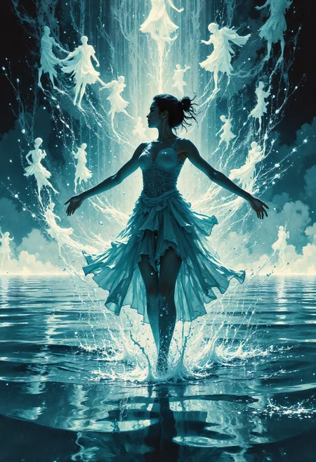 (in Otomo Katsuhiro style:1.2), masterpiece, high-quality, A dancer mid-performance on a stage of rippling water, each step sending waves through the reflective surface, The camera captures a dynamic low angle, her face illuminated with an expression of blissful surrender, Around her faint mirages of other dancers shimmer and dissolve into the ripples, liquid stage, motion mirages, dynamic beauty, (photorealistic surreal movement photography:1.1), (elaborate fine details:1.1), (hyperdetailed:1.1), (intricate details:1.0), (Refined details:1.1), (best quality:1.1), (high resolution:1.2), <lora:FLUX\VividlySurrealV2:0.8>