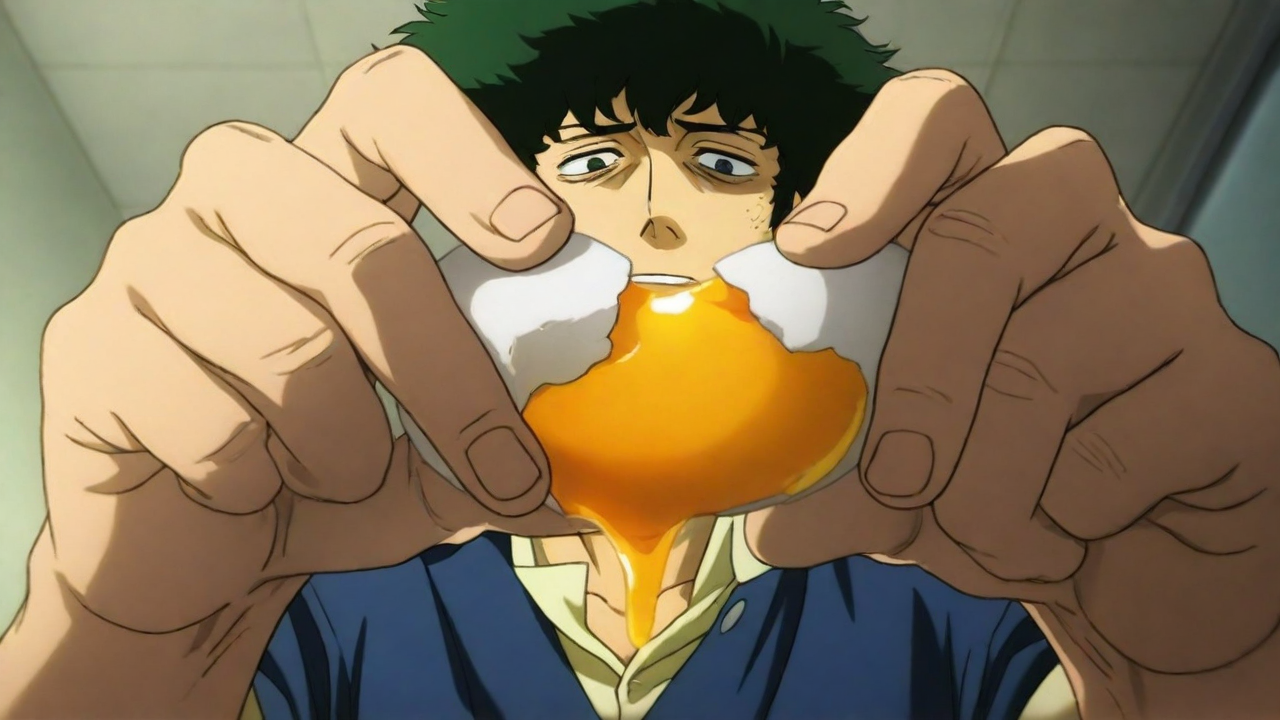 1boy,spike spiegel,bags under eyes,  crackingegg,cracking egg,holding egg, dropping egg yolk,
masterpiece, best quality,absurdres,foreshortening,
official art, anime screencap,
<lora:pytorch_lora_weights:1>  <lora:crackingegg3:1>
