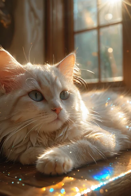 breathtaking <lora:CatSaviorXL:0.9>,
CatSavior, no humans, cat, whiskers, animal, animal focus, indoors, light particles, sunlight, realistic, plant, blurry, window, closed eyes, sleeping, lying, wooden floor, shiny
(light particles:1.3),(glowing:1.2),(shiny:1.2),(shone:1.1),, best quality , masterpiece, illustration, an extremely delicate and beautiful, extremely detailed ,CG,unity,8k wallpaper, Amazing, finely detail, masterpiece, best quality,official art,extremely detailed CG unity 8k wallpaper,absurdres, incredibly absurdres, huge filesize , ultra-detailed, highres, extremely detailed,beautiful detailed girl, extremely detailed eyes and face, beautiful detailed eyes,light on face, . award-winning, professional, highly detailed