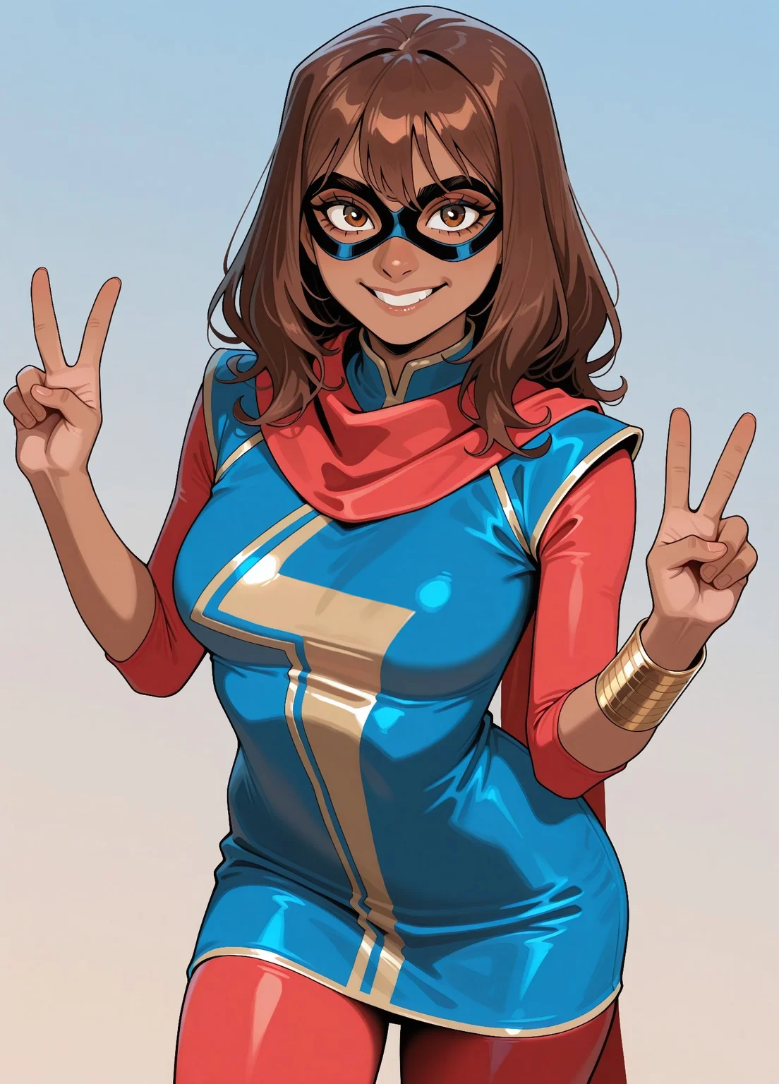 masterpiece, best quality, amazing quality, very aesthetic, absurdres, newest, detailed eyes, mossa-40k,
1girl, mmkamalakhan, indian, brown hair, bangs, brown eyes, dark-skinned female, sleeves, blue dress, scarf, bracelet, red pantyhose, domino mask, medium breasts,
looking at viewer, (close up), smile, v,