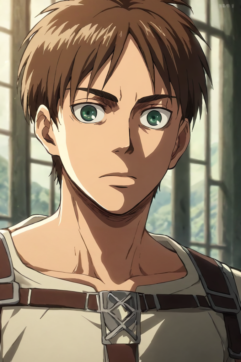 score_9, score_8_up, score_7_up, score_6_up, score_5_up, score_4_up, BREAK source_anime, (best quality:1.1), (masterpiece:1.4), looking at viewer, upper body, , 1boy, solo, male focus, <lora:Eren_Yeager_PonyXL:0.88>, eren_yeager, brown hair, green eyes, , science fiction alternate history, , <lora:sdxl_lightning_8step_lora:1>