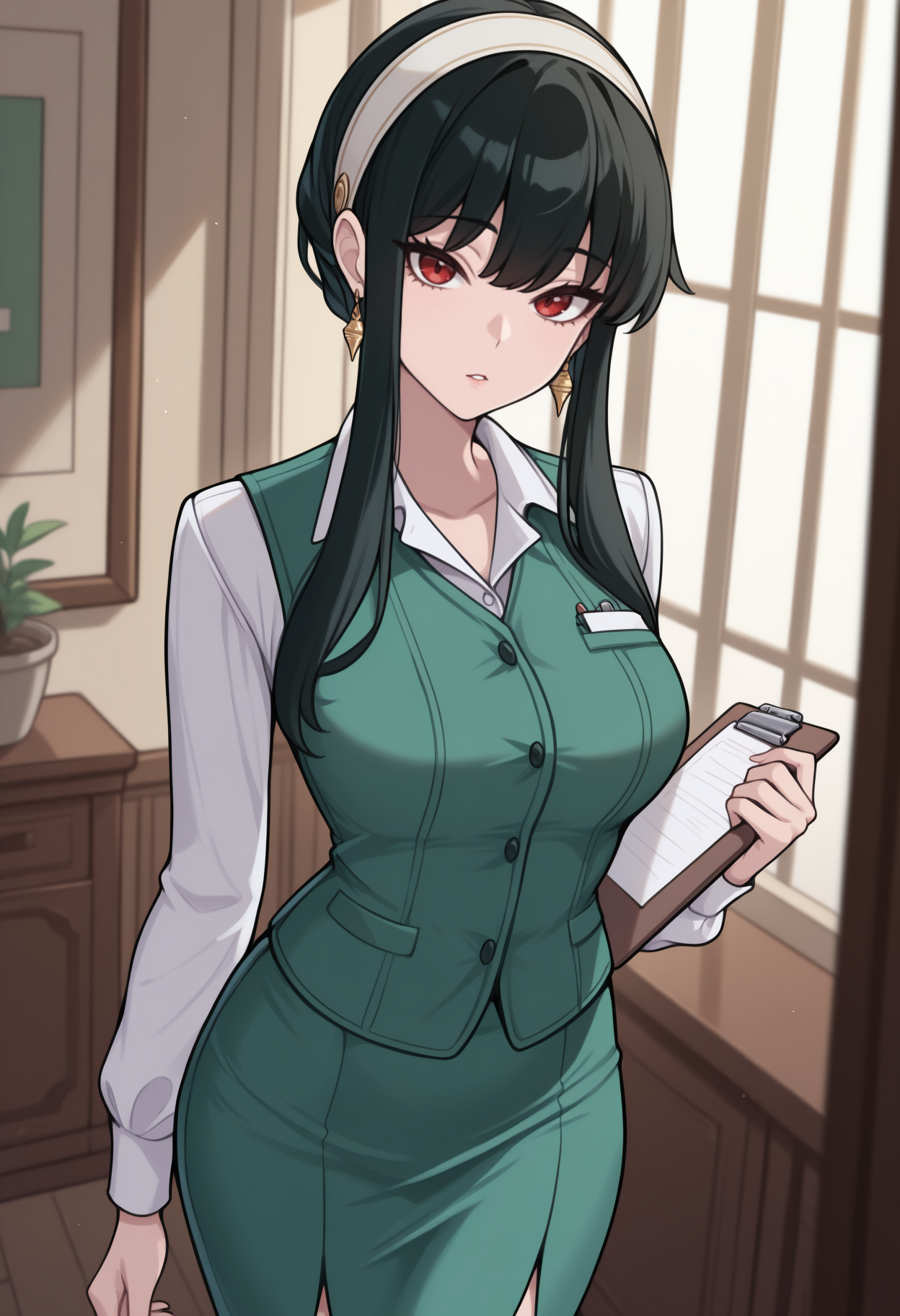 masterpiece, best quality, solo, 1girl, y0rwork, parted lips, looking at viewer, standing, holding clipboard, black hair, short hair with long locks, sidelocks, white hairband, red eyes, green vest, white shirt, collared shirt, long sleeves, green skirt, pencil skirt, gold earrings, indoors, office, european architecture
<segment:yolo-Anzhc Face seg 640 v2 y8n.pt,0.4,0.5//cid=1>