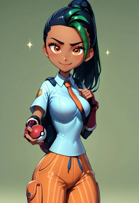 (score_9, score_8_up:1.1), score_7_up, 
subsurface scattering, 
(holding pokeball),
green theme background,glitter,sparkles,shiny,1girl, Live - action adaptation of a 3d character,  1girl, solo, 
BREAK,
curvy, 
Nemona \(Pokemon\), black hair, green hair, orange eyes, dark skin, multicolored hair, two-tone hair, hair pulled back, collared shirt, fingerless gloves, orange shorts, backpack,
BREAK, 
charming face, smile, closed mouth, blushing, looking at viewer,