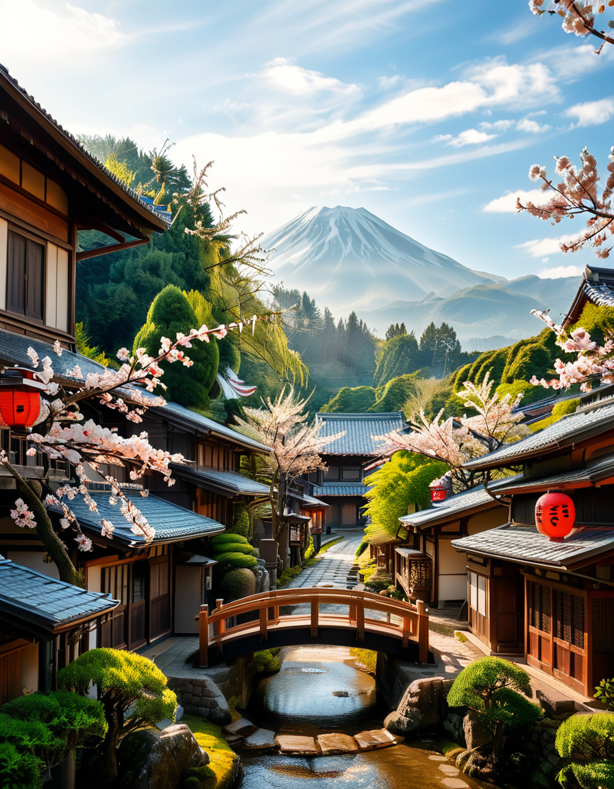 A picturesque traditional Japanese village nestled in a serene valley, surrounded by lush green mountains under a soft morning mist. The village consists of wooden houses with thatched roofs (gassho-zukuri style), showcasing intricate wooden details and sliding paper doors. A narrow stone-paved path winds through the village, leading to a small red torii gate at the entrance of a Shinto shrine. Cherry blossoms in full bloom line the streets, their pink petals gently falling in the breeze. A tranquil river flows through the village, crossed by an old wooden bridge with moss-covered stones. Villagers in traditional kimonos and straw hats go about their daily livesâan elderly man sweeping his porch, a woman carrying a basket of fresh produce, and children playing near a koi pond. The atmosphere is peaceful and nostalgic, with warm sunlight filtering through the trees, casting dappled shadows on the ground. The scene is rich in traditional Japanese aesthetics, evoking a sense of harmony and timeless beauty.
<lora:SDXLFaeTastic2400:0.4> <lora:extremely_detailed:0.4> extremely detailed,<lora:traditional_Japanese_v1ll4g3:1>,traditional Japanese v1ll4g3, Masterpiece,best quality,hi res,8k,hi res,8k,award winning,(sharp focus, intricate, highly detailed),