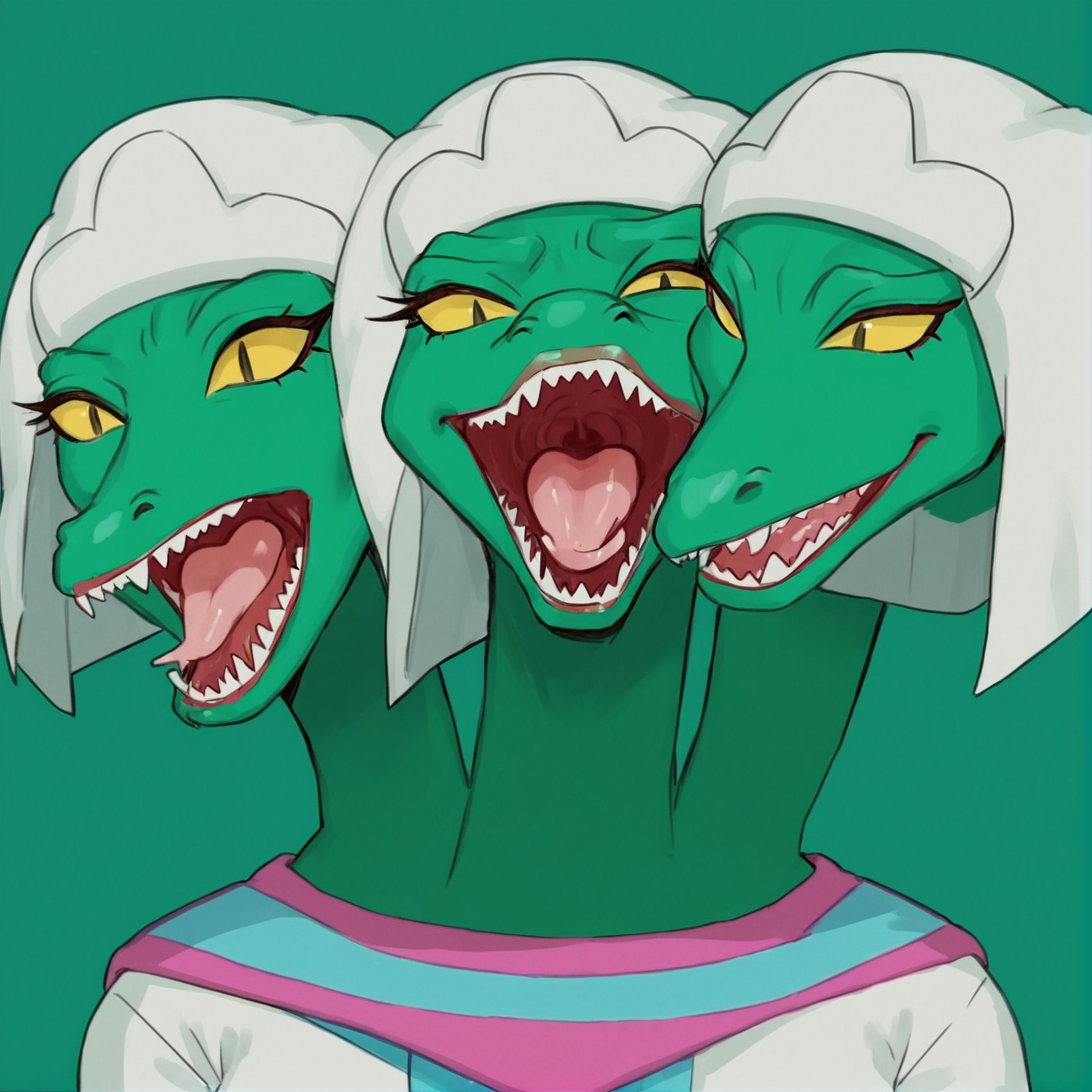 score_9,score_8,score_7,source_furry,
<solo:1.5>,
<1girl:2.5>,
alien girl, three heads, 3 heads, multi heads,multiple heads,
( art by donguri suzume ) ,,
trinoga, hydra, hydra girl, alien, alien girl, trinoga_muttabar, sharp teeth, teeth, open mouth, no humans, yellow eyes, parody, green background, colored sclera,
<lora:Trinoga_Hydra_Muttabar:1> trinoga