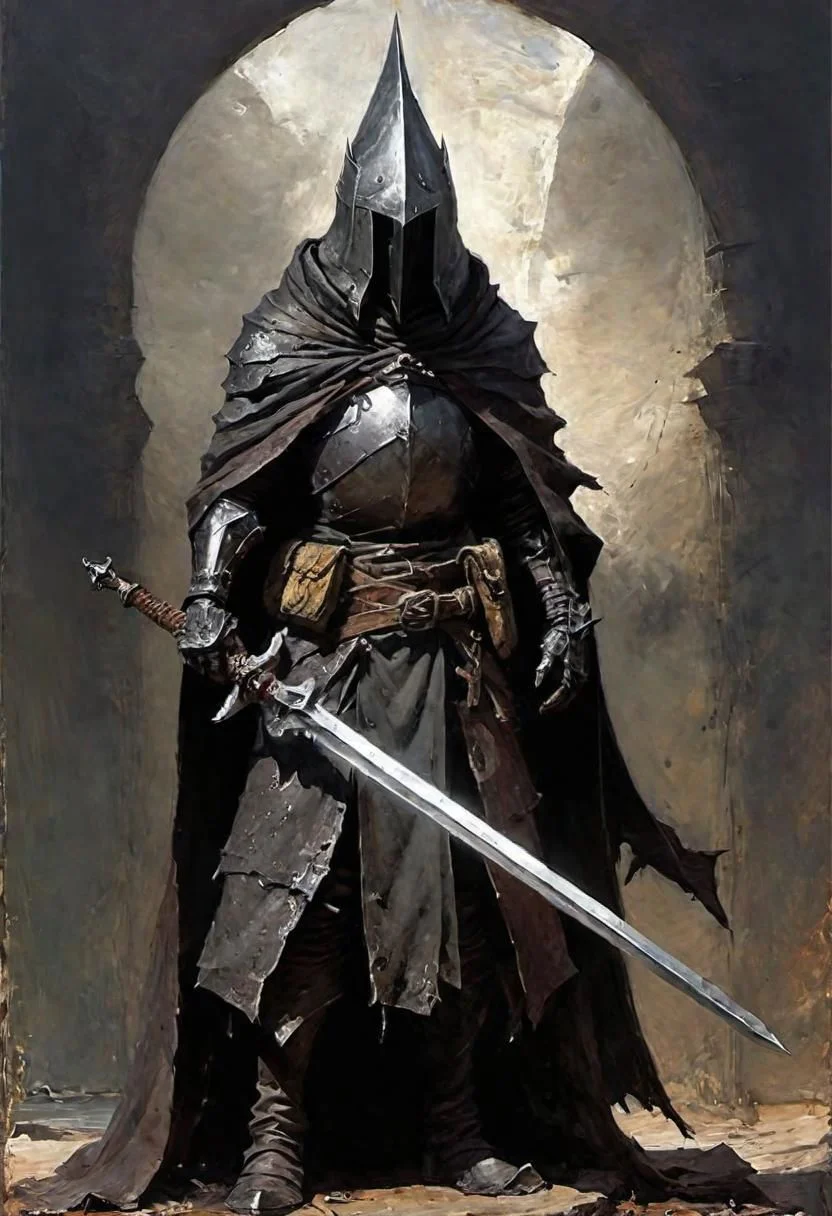 videogame art of (((Abyss Watchers)))
wearing (ragged, brigand, holding a giant metal sword, leather tunic, metal plates and cloth, pointy shaped helmet, sewn together), gothic, legion, by Jean-Baptiste Monge and Nicola Samori, Nazgul from lord of the rings