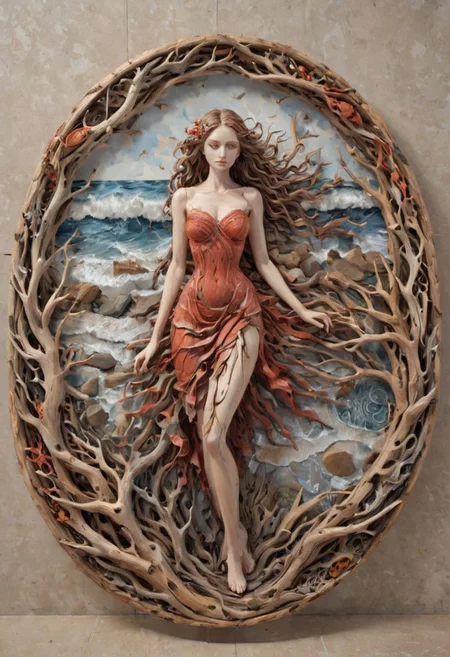 round plate on a display stand, hand Carved, 3D Seascape, abstract art, Carving, EPIC, Marbled Effect, <lora:3D_Framed_Wall_Art_-_By_DICE:0.4>, (3D Framed, girl in red dress), UHD, <lora:Driftwood_Detailed_Art_-_By_DICE:0.8> , driftwood red girl
