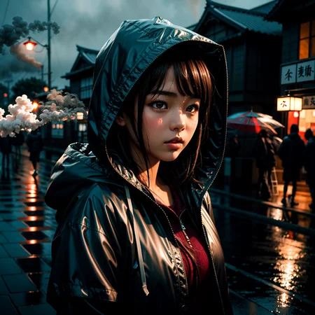 masterpiece, best quality, 1girl, japanese, brown hair, parted bangs, medium hair, brown eyes, parted lips, hooded jacket, unbuttoned, rain, wet, cold, blowing smoke,
<lora:skin_tone_slider_v1:1.5> <lora:eye_size_slider_v1:0> <lora:detailSliderALT2:0.5>, <lora:age_slider_v6:-1.8> , blue hour, twilight, ISO12000 , <lora:GoodHands-vanilla:1>