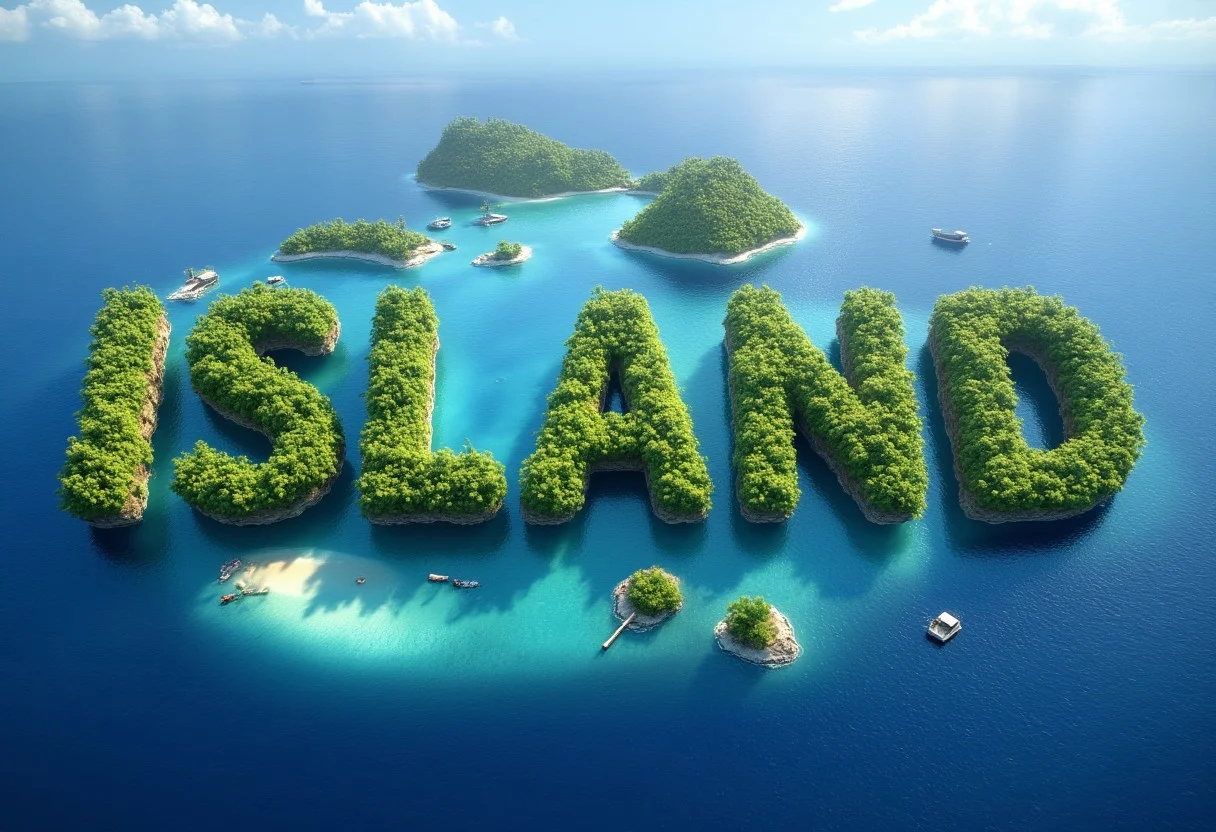 The letters "ISLAND" as a photorealistic aerial photograph made out of tropical islands.