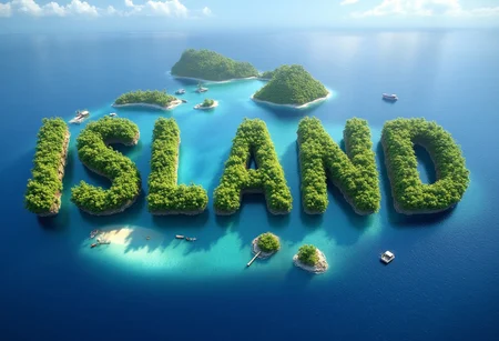 The letters "ISLAND" as a photorealistic aerial photograph made out of tropical islands.