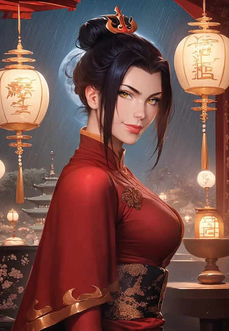 safe_pos, score_9, score_8_up, score_7_up, score_6_up, Expressiveh, zPDXL3, Photorealistic, real photo, (detailed background: night, bedroom, sakura tree, moon), realistic, dynamic pose, dramatic angle, dramatic light, wide shot, red Chinese clothes, capelet, sash, long sleeves, elbow gloves, black hair, yellow eyes,
(1girl, <lora:azula-book2-ponyxl-lora-nochekaiser:1>, azula, black hair, yellow eyes, topknot, sidelocks, hair bun, single hair bun, sexy, slim body, athletic body, ((medium breasts)), ((extra long red stocking with oriental ornament:1.4)), looking at viewer, eager, flirty eyes, adorable girl, perfect face,
confident look, naughty look, (lusty grin)), night time, raining outside,