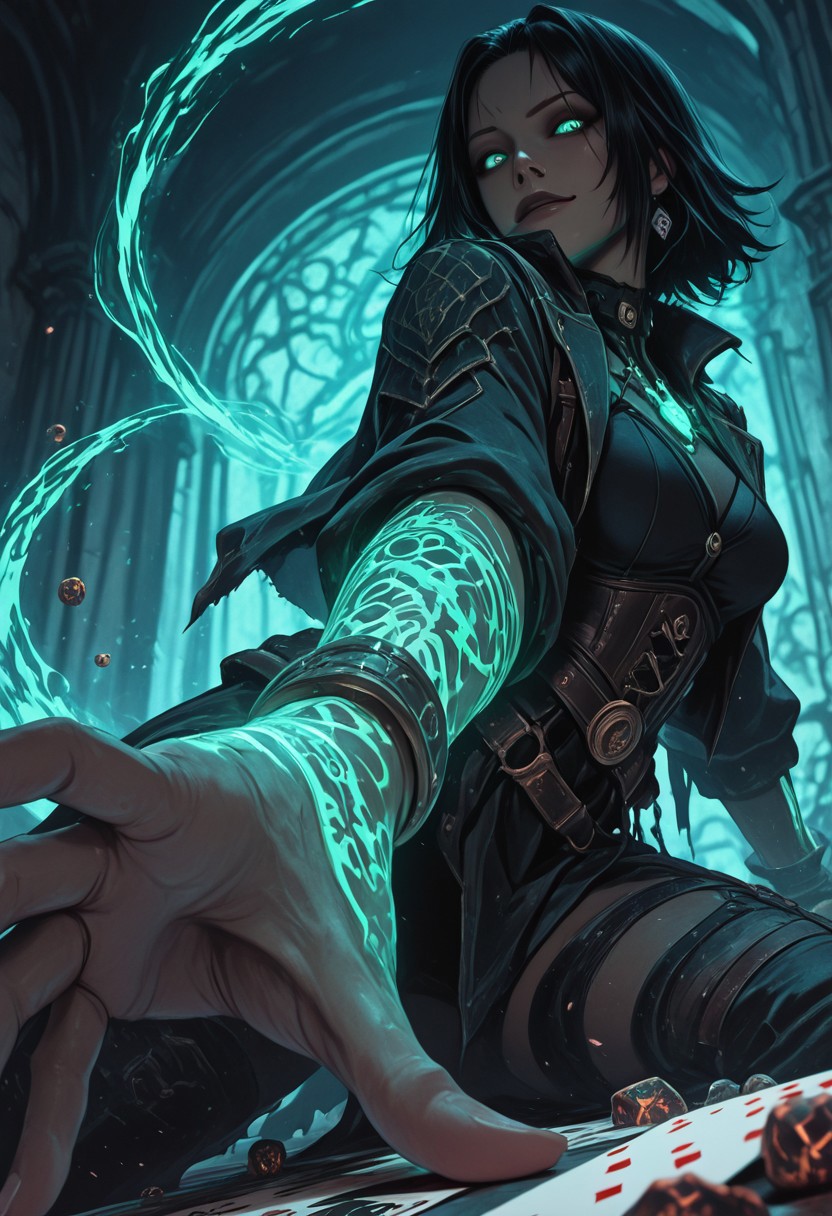 mysterious female gambler, punk mystic vibe, glowing eyes, smirking confidently, throwing glowing dice toward the viewer, enchanted playing cards, extreme foreshortening, dynamic action pose, angle from below, worm's-eye view, cinematic fantasy scene, large dice in foreground, sleek dark clothing with arcane glowing patterns, waist-up view, hand reaching toward the camera, glowing tattoos, energetic motion, dark magical saloon or ancient temple setting, mystical lighting, high detail, dramatic depth of field, visual intensity, bold composition, dark fantasy style, ultra sharp focus on eyes and dice,