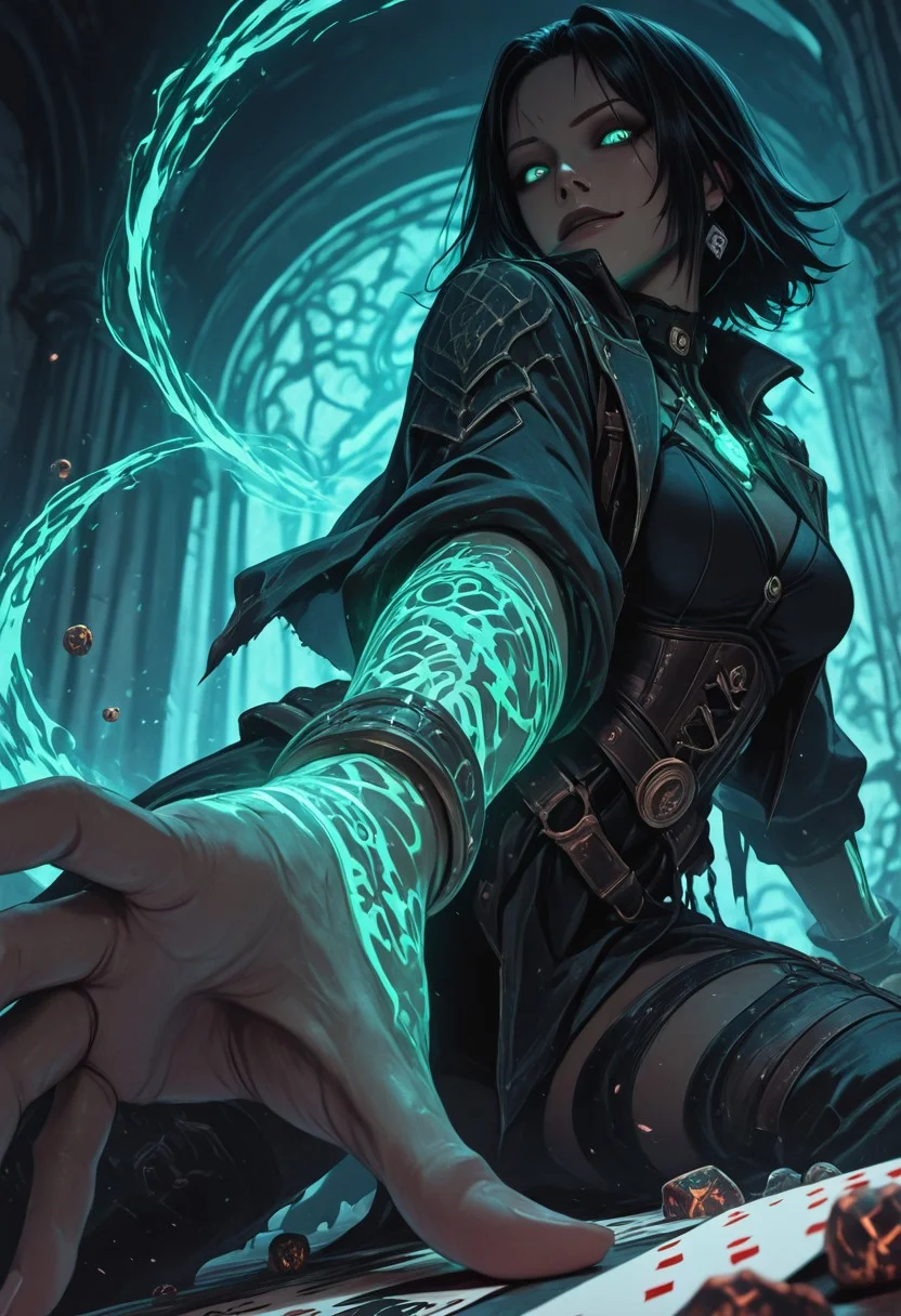 mysterious female gambler, punk mystic vibe, glowing eyes, smirking confidently, throwing glowing dice toward the viewer, enchanted playing cards, extreme foreshortening, dynamic action pose, angle from below, worm's-eye view, cinematic fantasy scene, large dice in foreground, sleek dark clothing with arcane glowing patterns, waist-up view, hand reaching toward the camera, glowing tattoos, energetic motion, dark magical saloon or ancient temple setting, mystical lighting, high detail, dramatic depth of field, visual intensity, bold composition, dark fantasy style, ultra sharp focus on eyes and dice,
