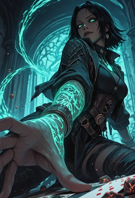 mysterious female gambler, punk mystic vibe, glowing eyes, smirking confidently, throwing glowing dice toward the viewer, enchanted playing cards, extreme foreshortening, dynamic action pose, angle from below, worm's-eye view, cinematic fantasy scene, large dice in foreground, sleek dark clothing with arcane glowing patterns, waist-up view, hand reaching toward the camera, glowing tattoos, energetic motion, dark magical saloon or ancient temple setting, mystical lighting, high detail, dramatic depth of field, visual intensity, bold composition, dark fantasy style, ultra sharp focus on eyes and dice,