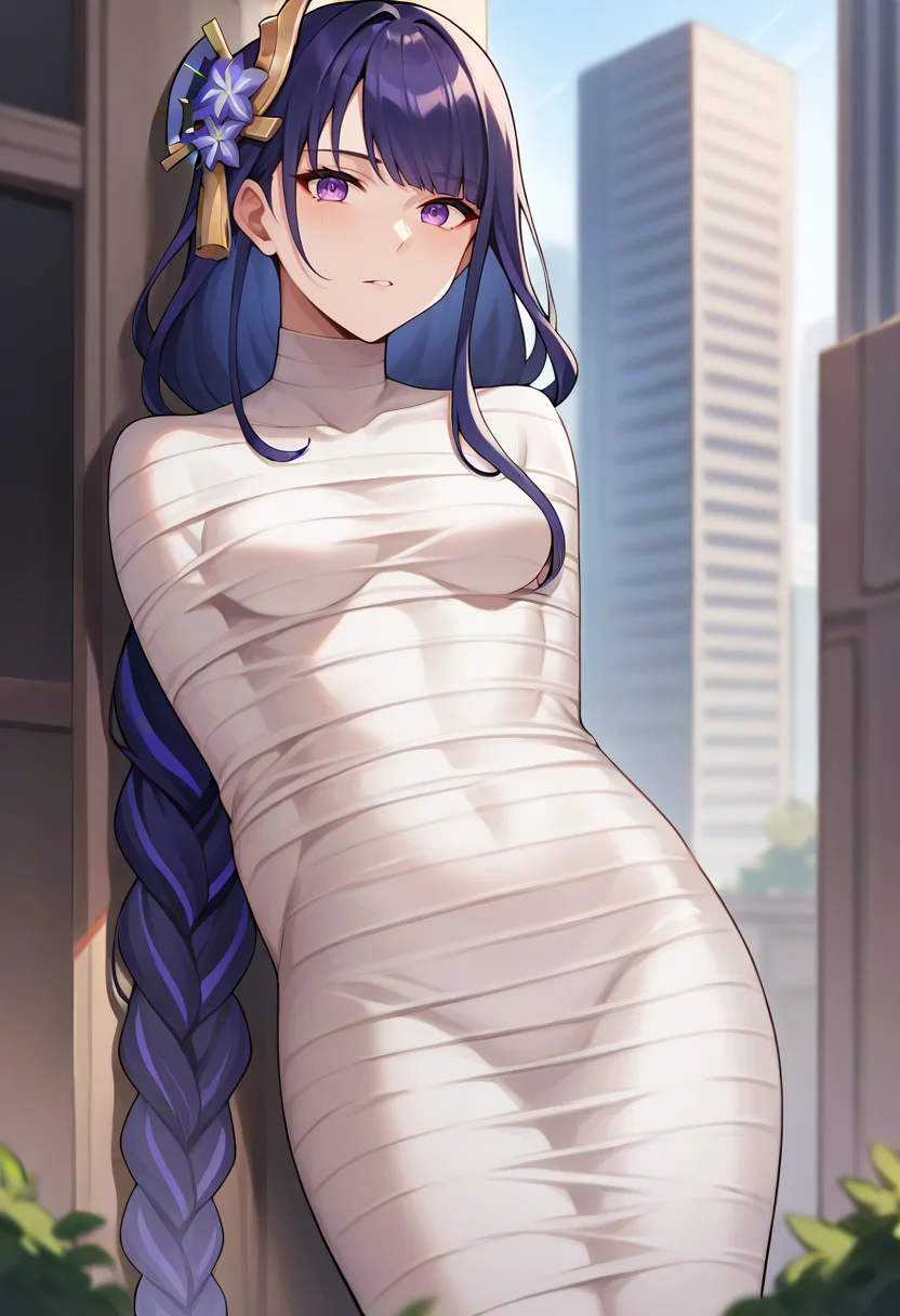 score_9,score_8_up,score_7_up,score_6_up,score_5_up,score_4_up,
1girl, raiden shogun, long hair, breasts,
solo, cowboy shot, outdoors, city, looking at viewer,
mummification \(bound\),
<lora:mummyponyxlmerge:1>
