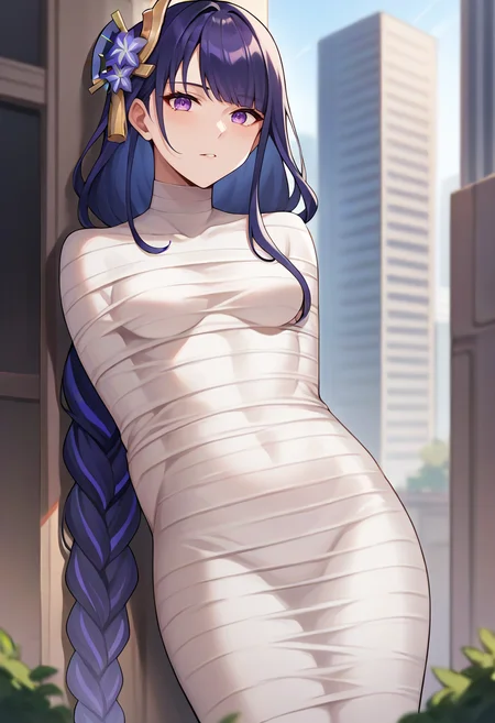score_9,score_8_up,score_7_up,score_6_up,score_5_up,score_4_up,
1girl, raiden shogun, long hair, breasts,
solo, cowboy shot, outdoors, city, looking at viewer,
mummification \(bound\),
<lora:mummyponyxlmerge:1>