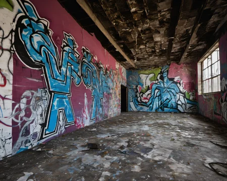 a city's art district, now a maze of murals and sculptures slowly succumbing to decay. Vibrant colors have faded, and once-bold statements have become fragments of a forgotten artistic expression in a world struggling to remember its past, SZ_4poXL enviroment   <lora:Post ApocalypticXL_v2:0.6>