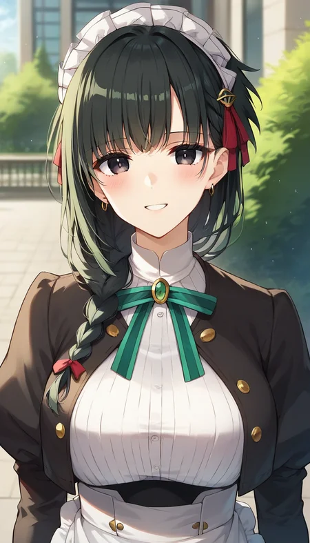 score_9,score_8_up,score_7_up,score_6_up BREAK official art,solo,outdoors,upper body,(portrait:1.5),looking at viewer,facing viewer,smile,blush,taut clothes,Yuki,maid headdress,long hair,black hair,hair ornament,hair ribbon,red ribbon,single braid,hair over shoulder,earrings,bangs,black eyes,neck ribbon,green ribbon,green bowtie,black jacket,cropped jacket,open jacket,turtleneck,(white shirt:1.5),long sleeves,puffy sleeves,juliet sleeves,white gloves,large breasts,maid apron,white apron,frilled apron,waist apron,lace-up boots,white footwear,<lora:Yuki(yams)-Pony:1.2>,