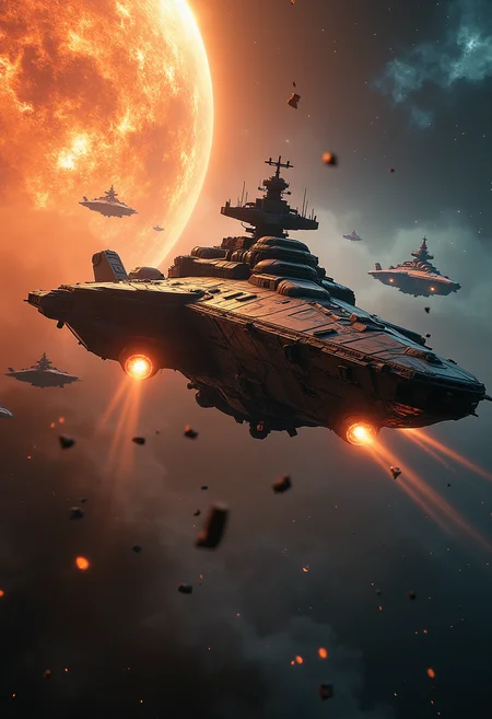 cinematic scene,
A massive, interstellar warship emerges from the nebula, its engines blazing and weapons primed. It's locked in a fierce battle with a fleet of smaller, more agile enemy ships. The clash takes place against a backdrop of a dying star, its corona casting an eerie glow on the surrounding space debris.