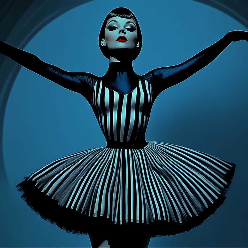 ArsMovieStill, Movie still from an abstract retro future movie, The image is a digital art piece that appears to be a portrait of a ballerina. The woman is standing in a graceful pose with her arms stretched out to the sides and her head tilted upwards. She is wearing a black and white striped bodysuit with a high neckline and long sleeves. Her hair is styled in a short bob with bangs and she is wearing red lipstick. The background is a gradient of blue and black creating a dramatic and dramatic effect. The overall mood of the image is one of elegance and sophistication., 1girl, solo, black hair, breasts, earrings, jewelry, makeup, skirt, cleavage, lipstick