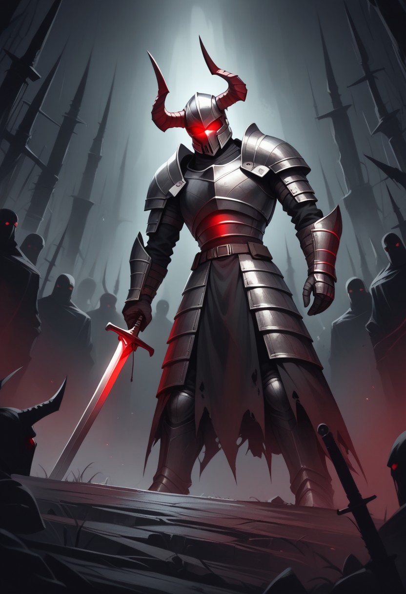 score_9, score_8_up, score_7_up, score_6_up, Dark armored specter holding a sword, red glowing eyes under a helmet with dark horns, spectral mist surrounding lower body, swirling dark tendrils, ominous, ghostly appearance, deep shadows, dark background with faint, ethereal shapes, cold, metallic sheen on armor, dark knight aura, eerie and intimidating presence, strong sense of foreboding, hkstyle, heavy armor, double sword, intricate details giant sword, shadows with glowing eyes in background, army, dutch angle, eerie, scary, p4int3dn0ir art style