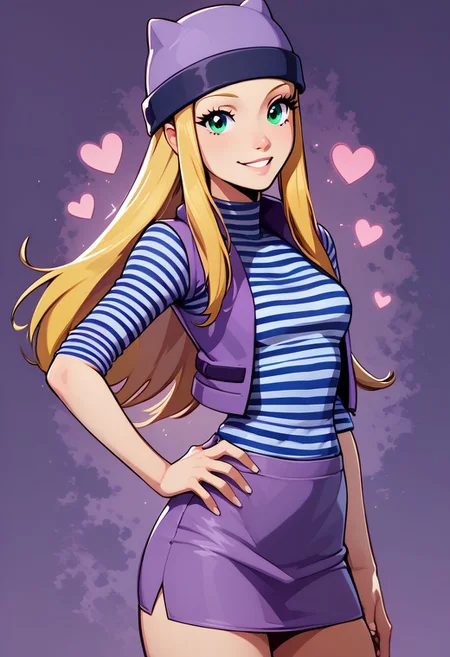 score_9, score_8_up, score_8, medium breasts, (curvy), cute, eyelashes,
rating safe,
BREAK,
zzIzumi, perfect, green eyes, blonde hair, long hair, purple vest, striped shirt, hat, skirt,
hand on hip,
BREAK,
smile, looking at viewer, cowboy shot,
abstract background, purple theme, hearts,
zPDXL, Expressiveh