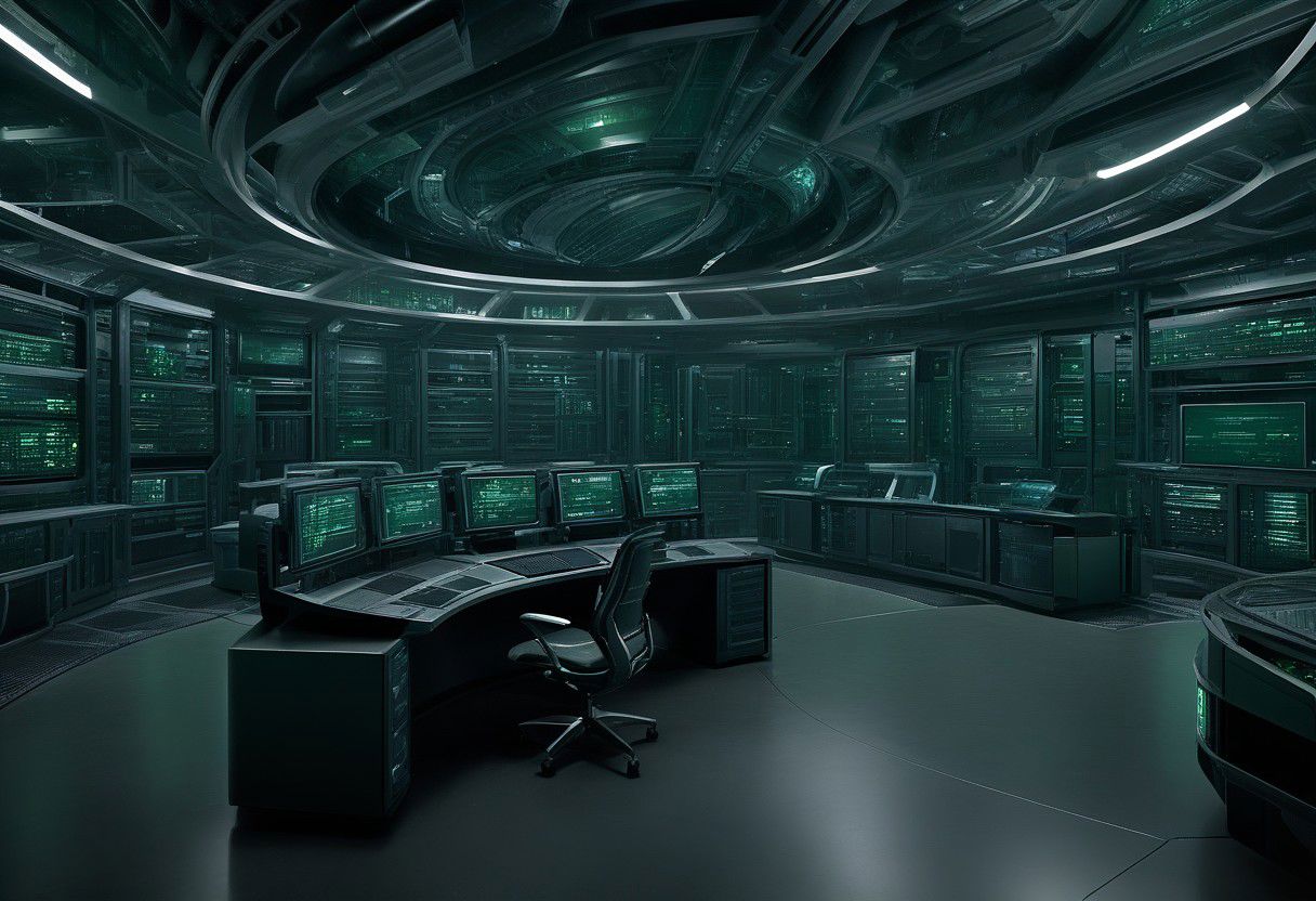 sci-fi data hacking center, dark room, ultiple big screens on the wall, multiple projected screens, planet blueprint on screens, dark green color only while the rest are grey, hacking theme, computers around, , sci-fi server racks, server racks around, giant sci-fi computer in the middle, data storages, low camera angle