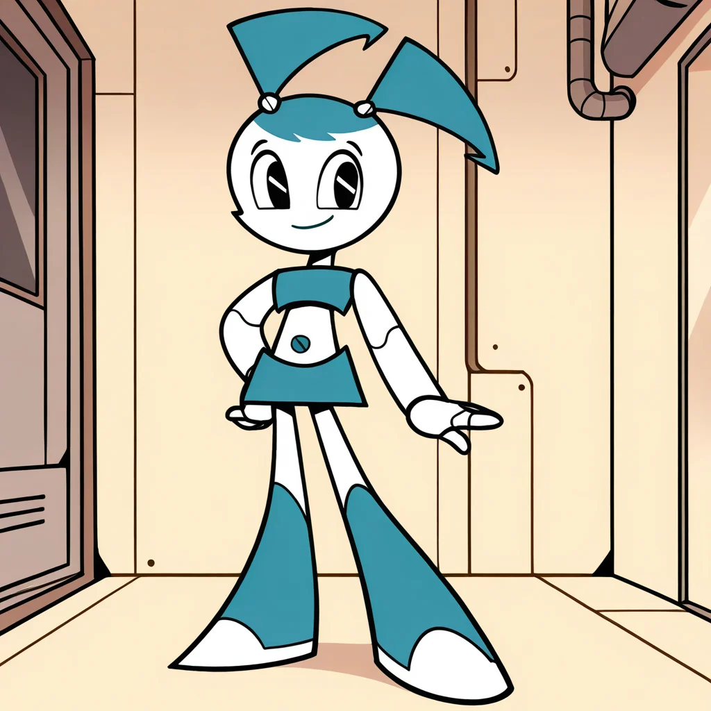 (masterpiece), (best quality), absurdres, intricate details, highres, <lora:XJ9_ILLUS_2:1> , xj1, 1girl, twintails, jenny wakeman, robot,  robot, android, robot joints,  crop top, skirt, looking at viewer, black eyes, smile, full body, no nose