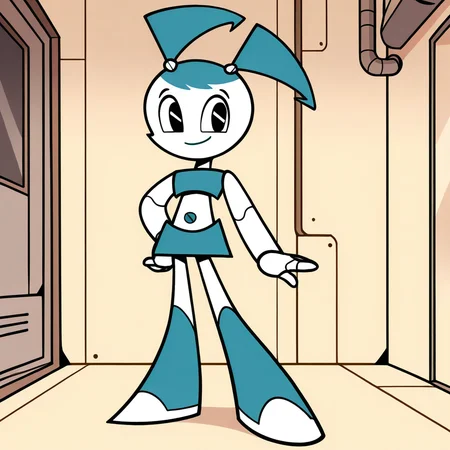 (masterpiece), (best quality), absurdres, intricate details, highres, <lora:XJ9_ILLUS_2:1> , xj1, 1girl, twintails, jenny wakeman, robot, robot, android, robot joints, crop top, skirt, looking at viewer, black eyes, smile, full body, no nose