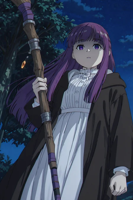 shiny skin, posing,
<lora:soufrie.il:1.0>,
soufrie,
fern,
empty eyes, looking at viewer, low angle, shade face, cowboy shot, outdoors, night, dark,
holding staff, aiming staff to viewer,