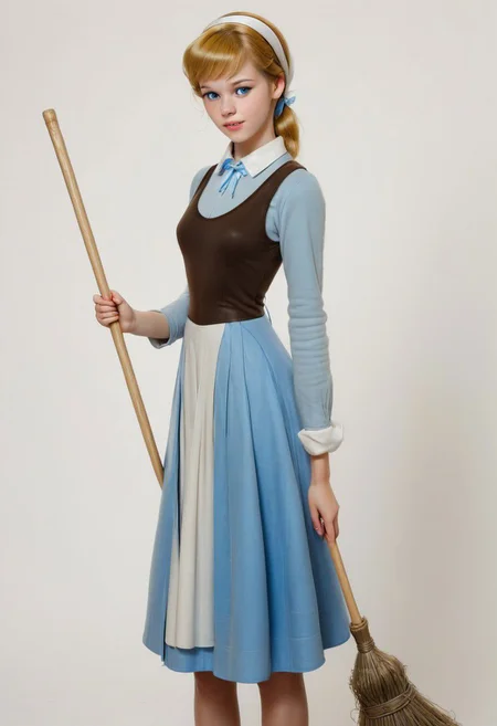 Ultra Realistic, full body shot,  Cinderella,  Everyday dress, white scarf in hair, holding a broomstick